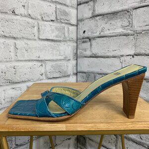 Blay Leather Open Square Toe Sandals Women 40 Aqua Croc Embossed High Heel Shoes